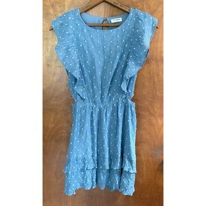 Storia Blue Swiss Polka Dot Cutout Mini Dress Ruffle Large Gauzy Summer Resort